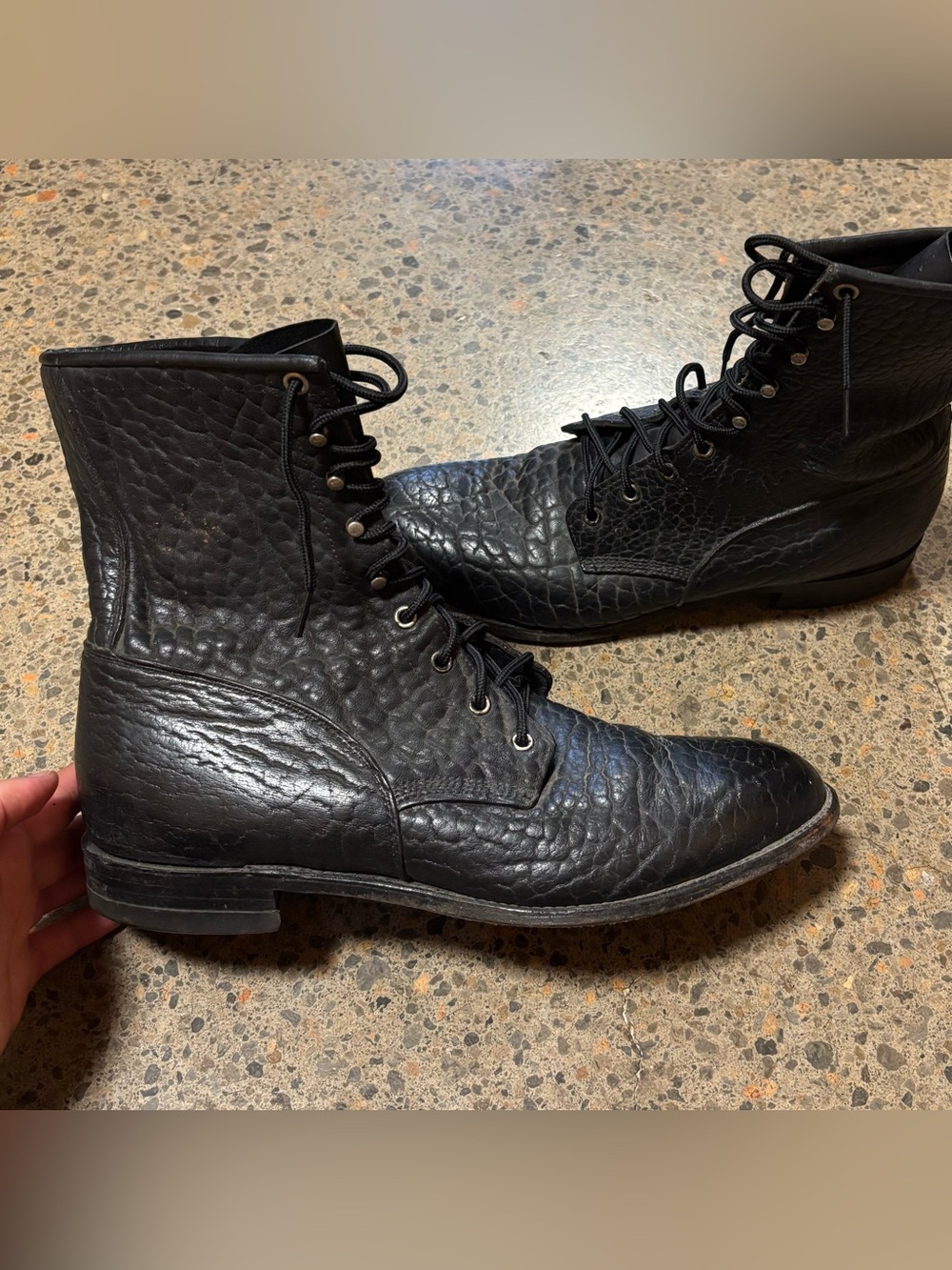 VTG Justin Boots Bullhide Leather Lace Up Boots (11.5) Black